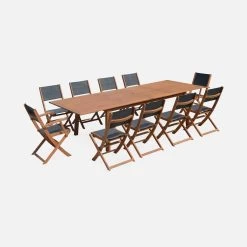 Table De Jardin Extensible Bois, 10 Chaises Couleur : Bois / Anthracite -Sweeek EC300R10AT 01
