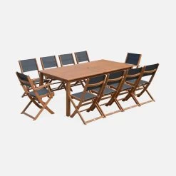 Table De Jardin Extensible Bois, 10 Chaises Couleur : Bois / Anthracite -Sweeek EC300R10AT 02
