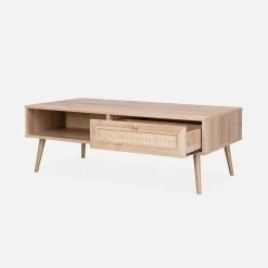 Table Basse Scandinave En Cannage, 1 Tiroir Couleur : Naturel -Sweeek IBOCOFTABLE 02