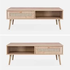 Table Basse Scandinave En Cannage, 1 Tiroir Couleur : Naturel -Sweeek IBOCOFTABLE 03