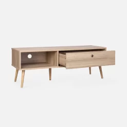 Meuble TV Scandinave Effet Bois 2 Espaces De Rangement 120 Cm 11 Meuble TV Scandinave Effet Bois 2 Espaces De Rangement 120 Cm -Sweeek ISNTVS120NAT 03