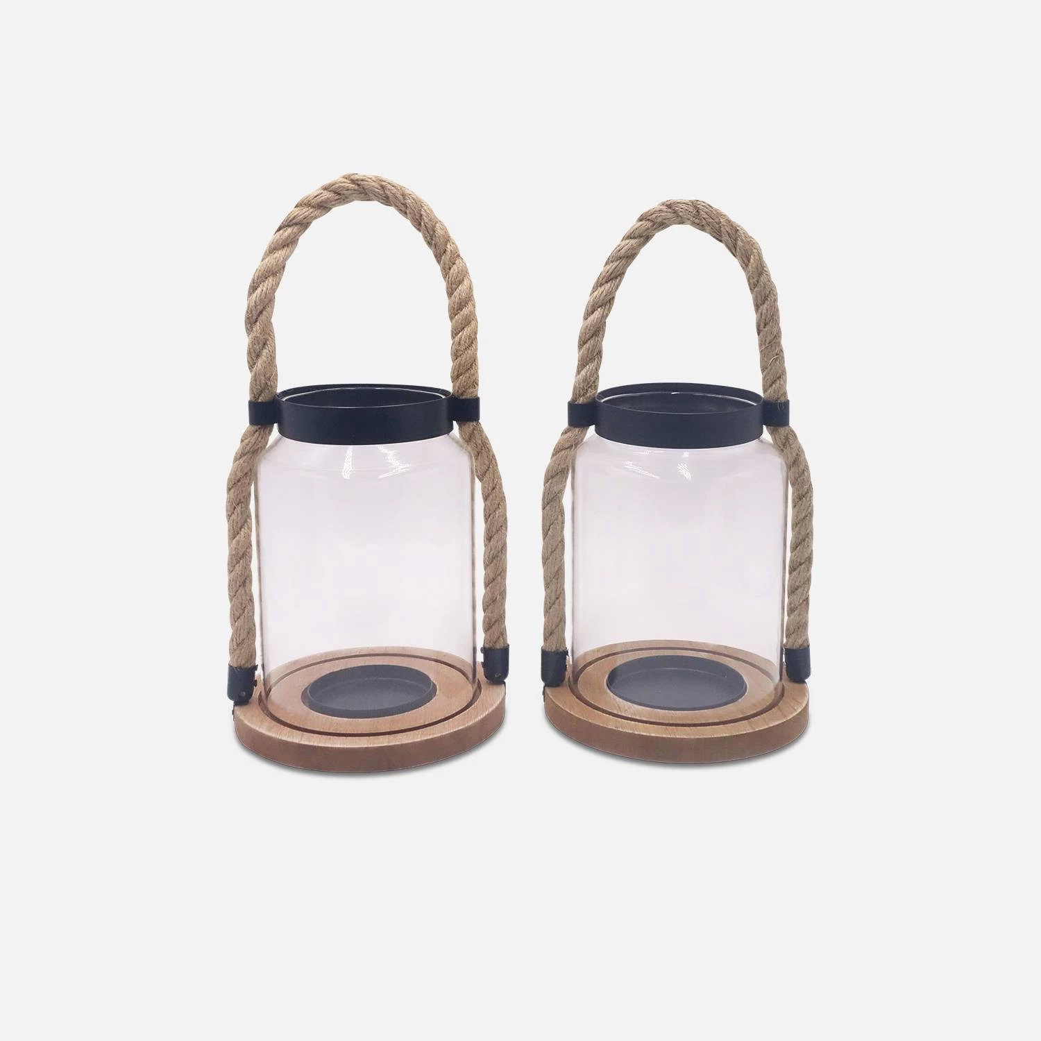 Lanterne En Verre, Anse En Corde Intérieur/extérieur (lot De 2) 1 Lanterne En Verre, Anse En Corde Intérieur/extérieur (lot De 2)