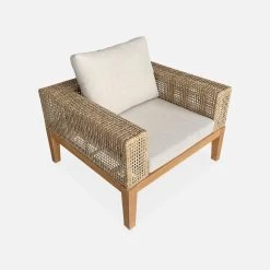 Salon De Jardin Cannage Et Bois 4 Places, Beige Couleur : Teck -Sweeek accan3101bg 4532e9e5f00849169de1b9890498ac58