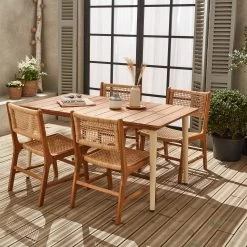 Table De Jardin Bois Et Métal + 4 Chaises En Cannage Et Bois Couleur : Ivoire