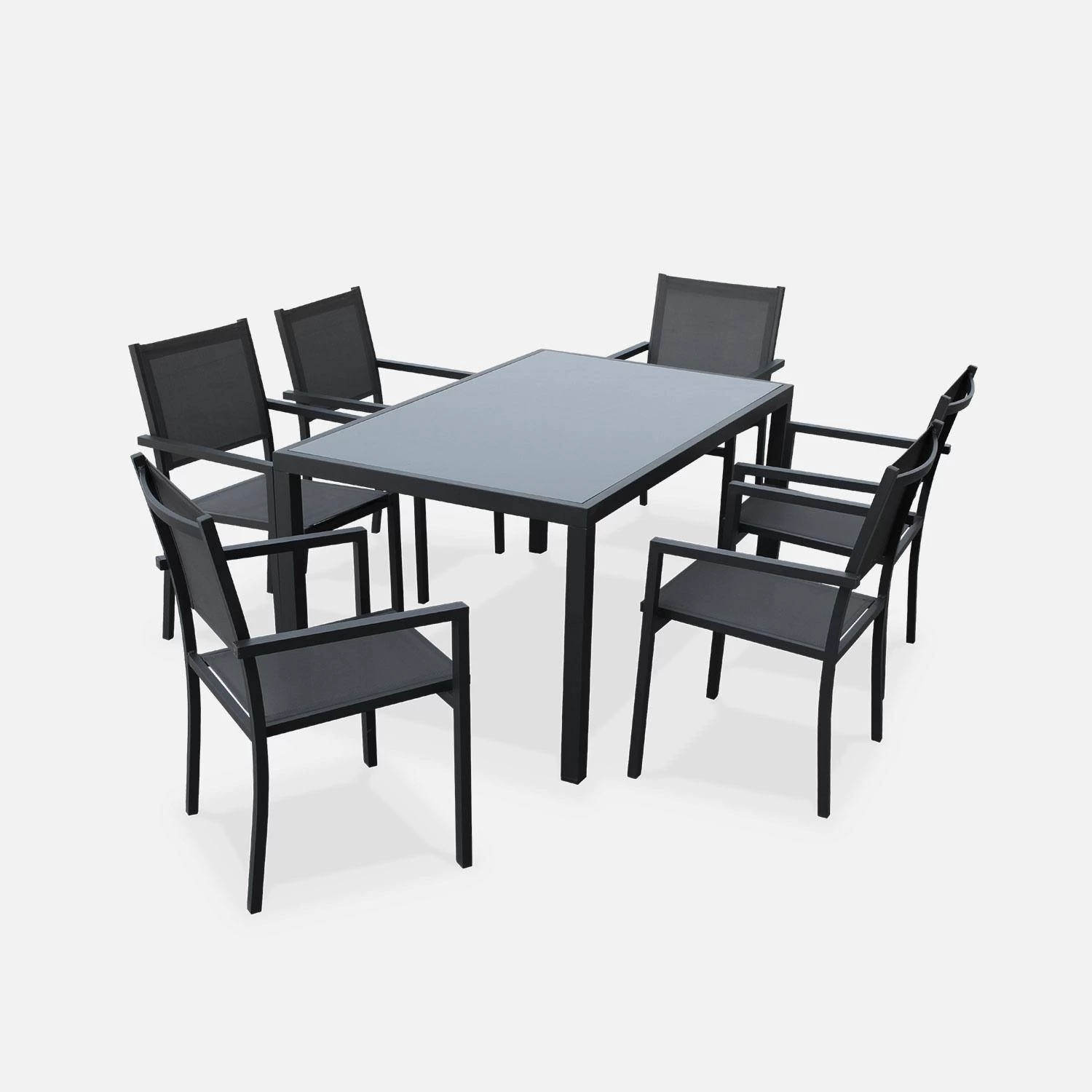 Table De Jardin Aluminium Et Textilène, 6 Chaises Empilables Couleur : Anthracite / Gris 2 Table De Jardin Aluminium Et Textilène, 6 Chaises Empilables Couleur : Anthracite / Gris – Image 2