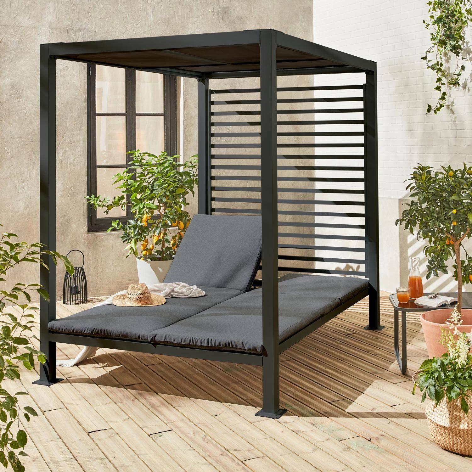 Lit De Jardin Aluminium, 2 Matelas Inclinables, Toit Avec Panneaux Amovibles Couleur : Anthracite / Anthracite 2 Lit De Jardin Aluminium, 2 Matelas Inclinables, Toit Avec Panneaux Amovibles Couleur : Anthracite / Anthracite – Image 2