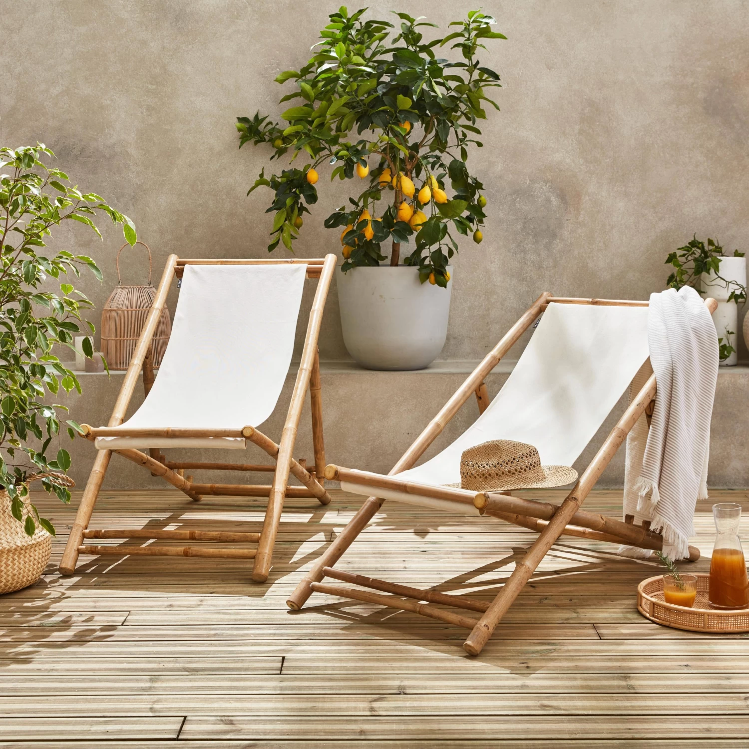 Lot De 2 Chiliennes Bambou , Toile Naturelle Pliable, Multi Positions 2 Lot De 2 Chiliennes Bambou , Toile Naturelle Pliable, Multi Positions – Image 2