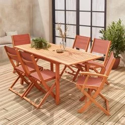 Table De Jardin Extensible Bois , 6 Chaises Couleur : Bois / Terra Cotta
