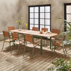 Table De Jardin Extensible Bois Et Aluminium 190/253 Cm, 8 Chaises Empilables