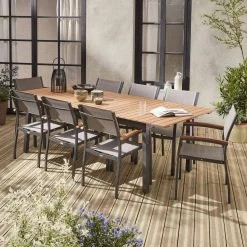 Table De Jardin Extensible Bois Et Aluminium, 8 Chaises Couleur : Anthracite / Gris Taupe