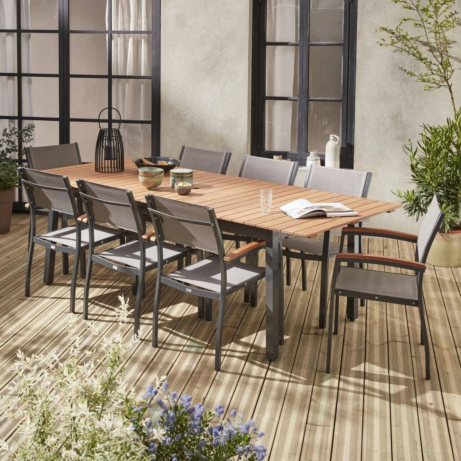 Table De Jardin Extensible Bois Et Aluminium, 8 Chaises Couleur : Anthracite / Gris Taupe 1 Table De Jardin Extensible Bois Et Aluminium, 8 Chaises Couleur : Anthracite / Gris Taupe