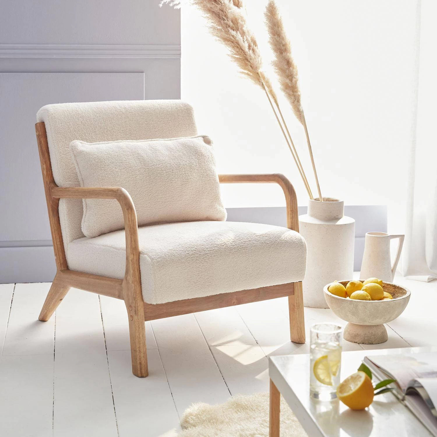 Fauteuil Scandinave En Bois Et Tissu Bouclette 1 Fauteuil Scandinave En Bois Et Tissu Bouclette