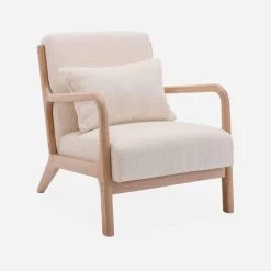 Fauteuil Scandinave En Bois Et Tissu Bouclette Texturée