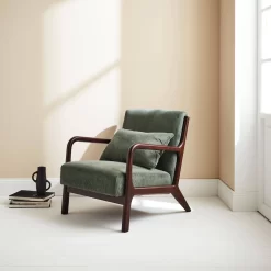 Fauteuil Scandinave Velours Côtelé Et Bois D'hévéa Wengé