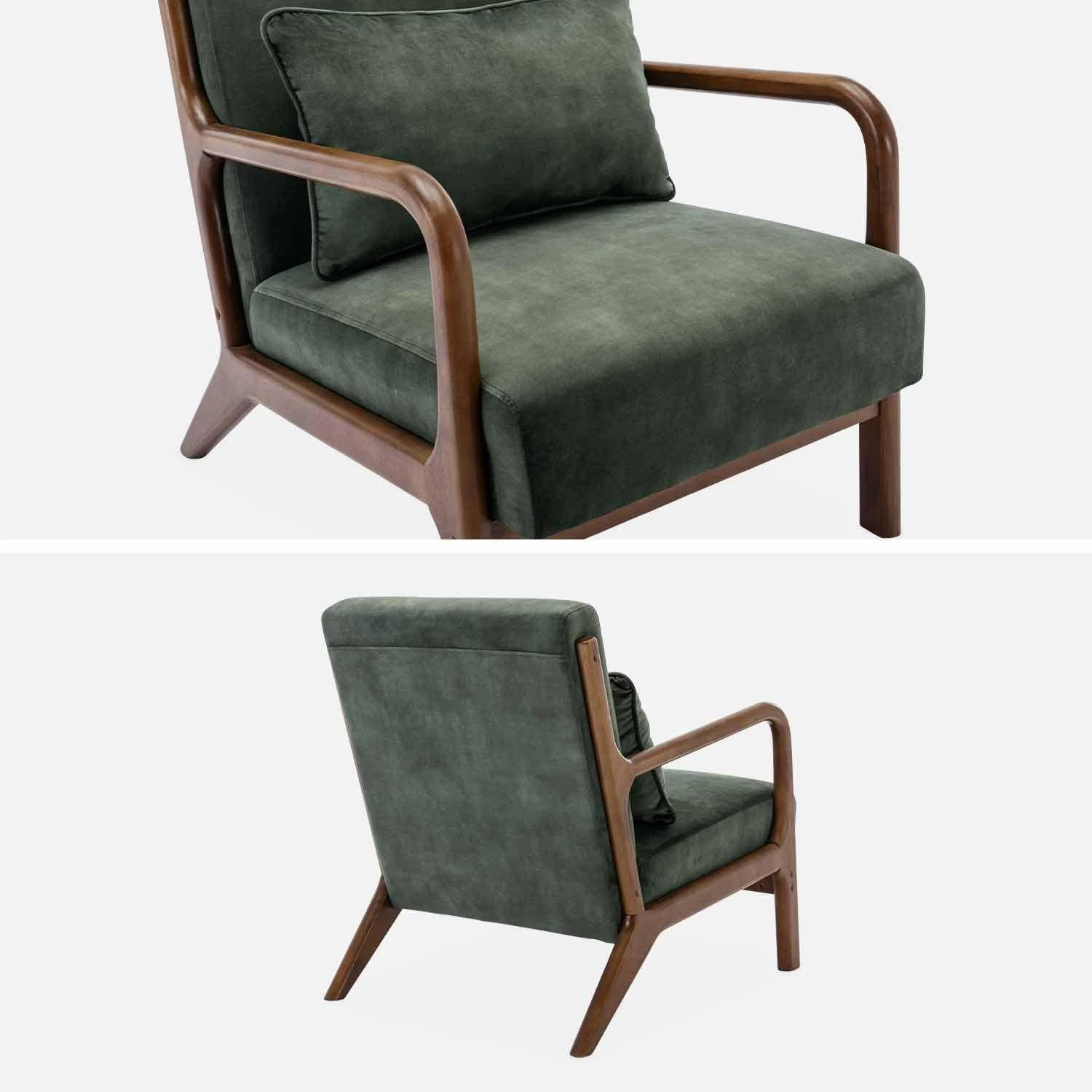 Fauteuil Scandinave Velours Et Bois D'hévéa Teinté Noyer Clair Couleur : Kaki 4 Fauteuil Scandinave Velours Et Bois D'hévéa Teinté Noyer Clair Couleur : Kaki – Image 4
