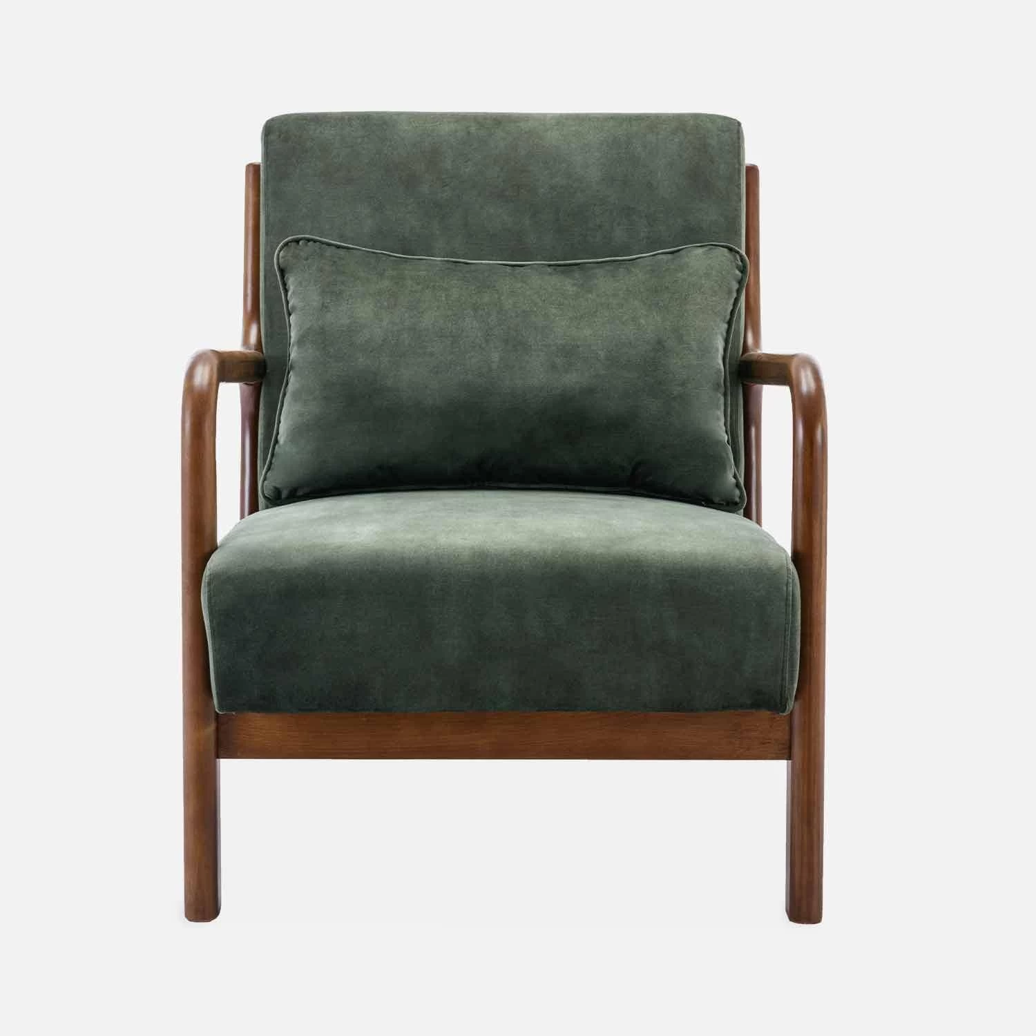 Fauteuil Scandinave Velours Et Bois D'hévéa Teinté Noyer Clair Couleur : Kaki 2 Fauteuil Scandinave Velours Et Bois D'hévéa Teinté Noyer Clair Couleur : Kaki – Image 2