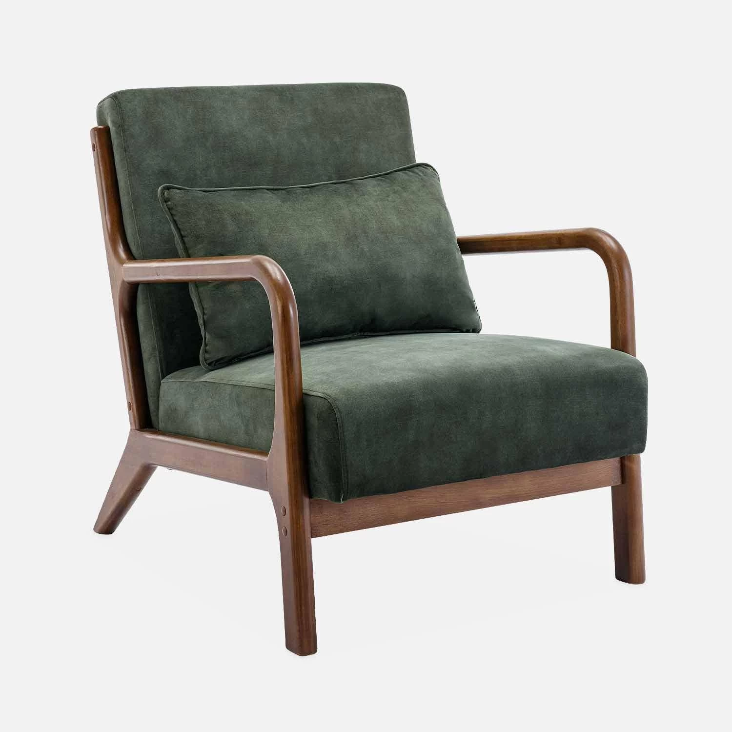 Fauteuil Scandinave Velours Et Bois D'hévéa Teinté Noyer Clair Couleur : Kaki 1 Fauteuil Scandinave Velours Et Bois D'hévéa Teinté Noyer Clair Couleur : Kaki