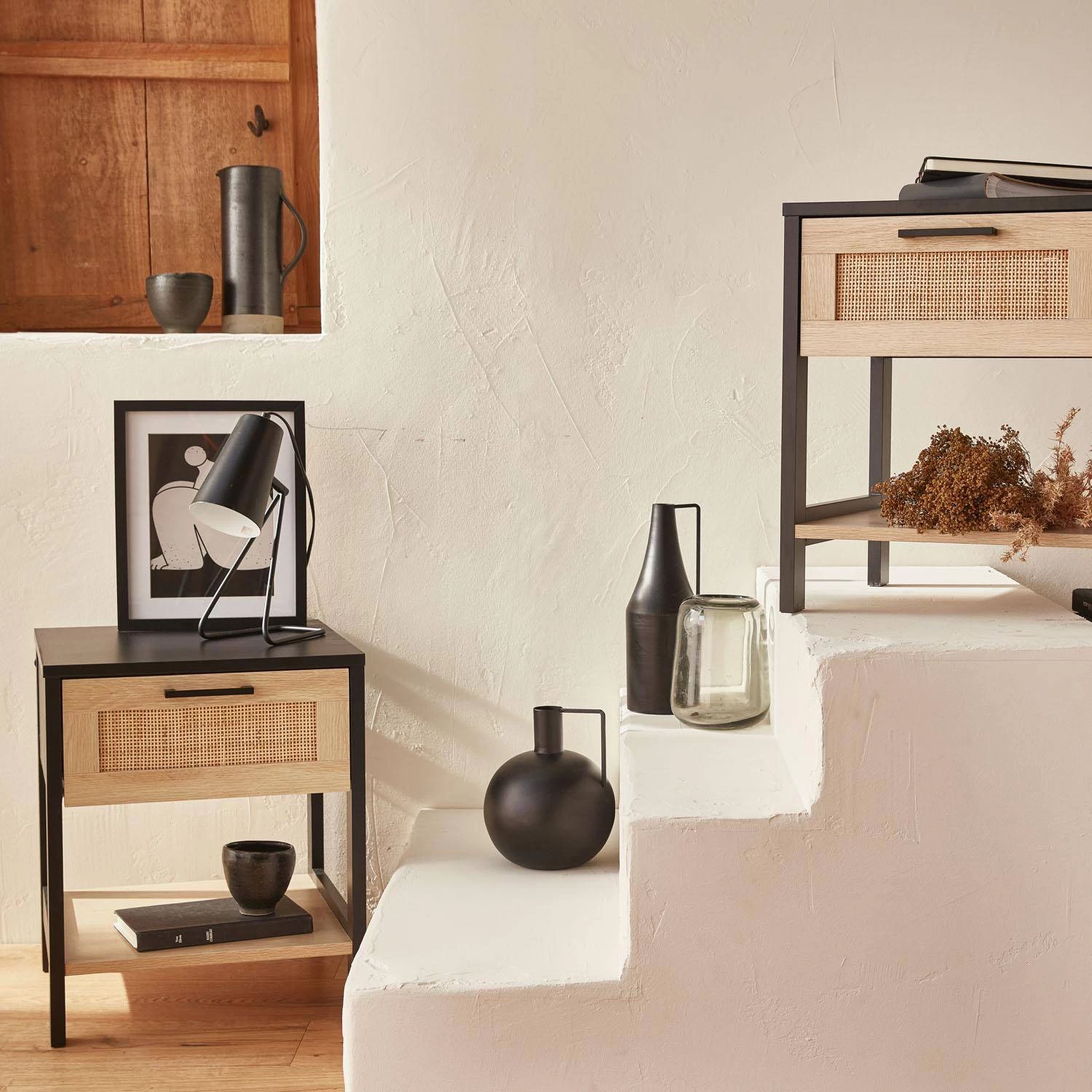 Table De Chevet Scandinave Effet Bois Et Cannage (lot De 2) 1 Table De Chevet Scandinave Effet Bois Et Cannage (lot De 2)