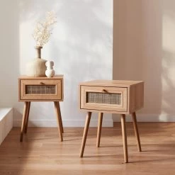 Lot De 2 Tables De Chevet Effet Bois Et Cannage
