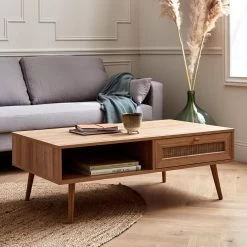 Table Basse Scandinave En Cannage, 1 Tiroir Couleur : Naturel