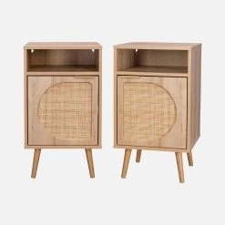 Lot De 2 Tables De Chevet Décor Bois, Cannage Arrondi