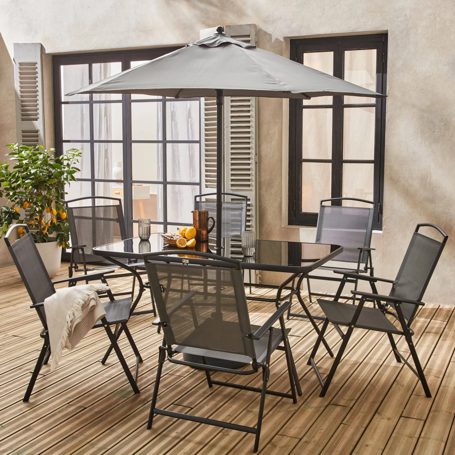 Table De Jardin Acier, 6 Fauteuils Et 1 Parasol 2 Table De Jardin Acier, 6 Fauteuils Et 1 Parasol – Image 2