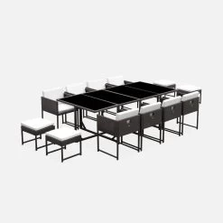 Table De Jardin Encastrable Résine Tressée 8 Chaises, 4 Poufs Couleur : Marron / Ecru