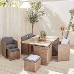 Table De Jardin Encastrable Résine, 10 Fauteuils Couleur : Beige / Gris Chiné