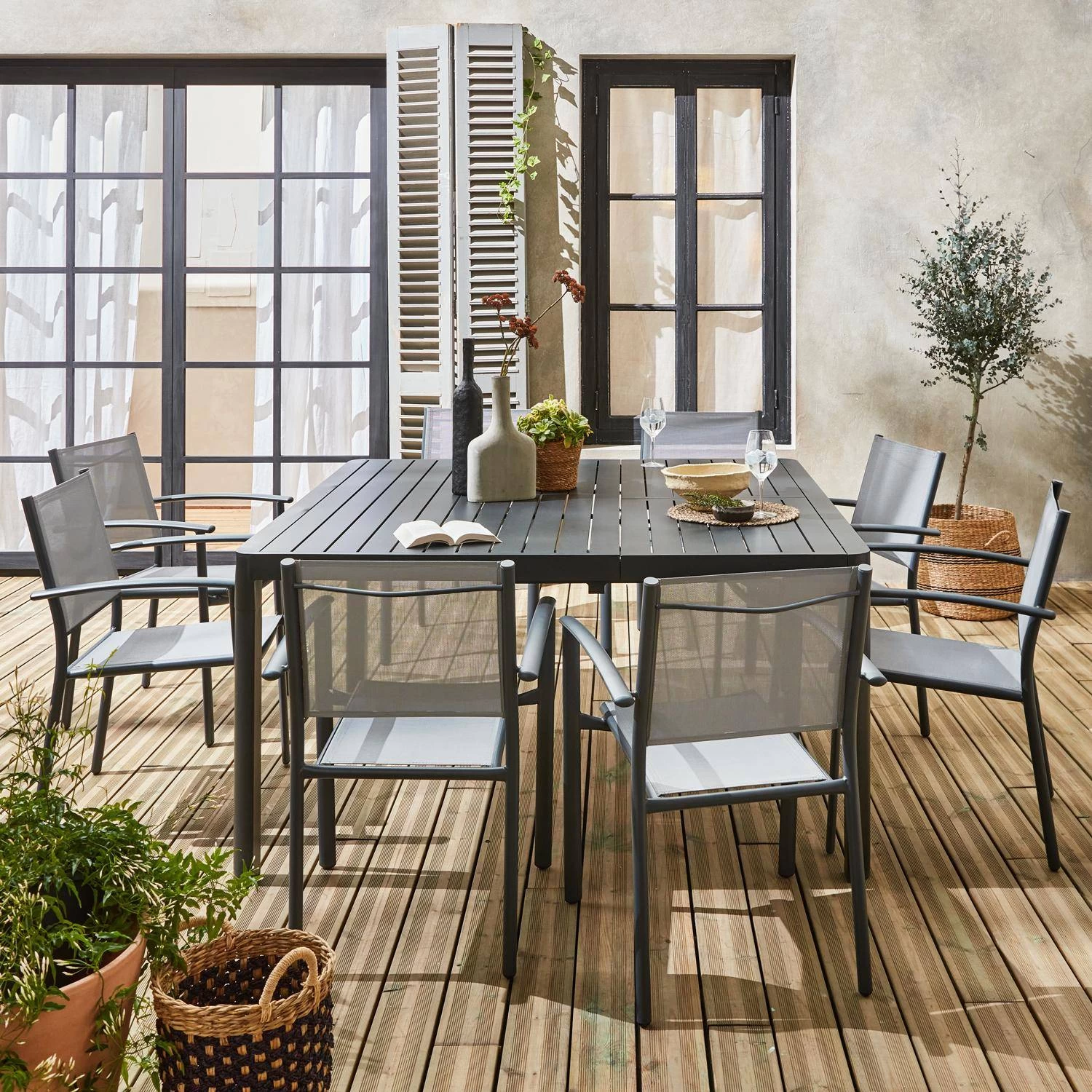 Table De Jardin Extensible Aluminium + 8 Fauteuils De Jardin Empilables Couleur : Anthracite / Gris Clair 2 Table De Jardin Extensible Aluminium + 8 Fauteuils De Jardin Empilables Couleur : Anthracite / Gris Clair – Image 2