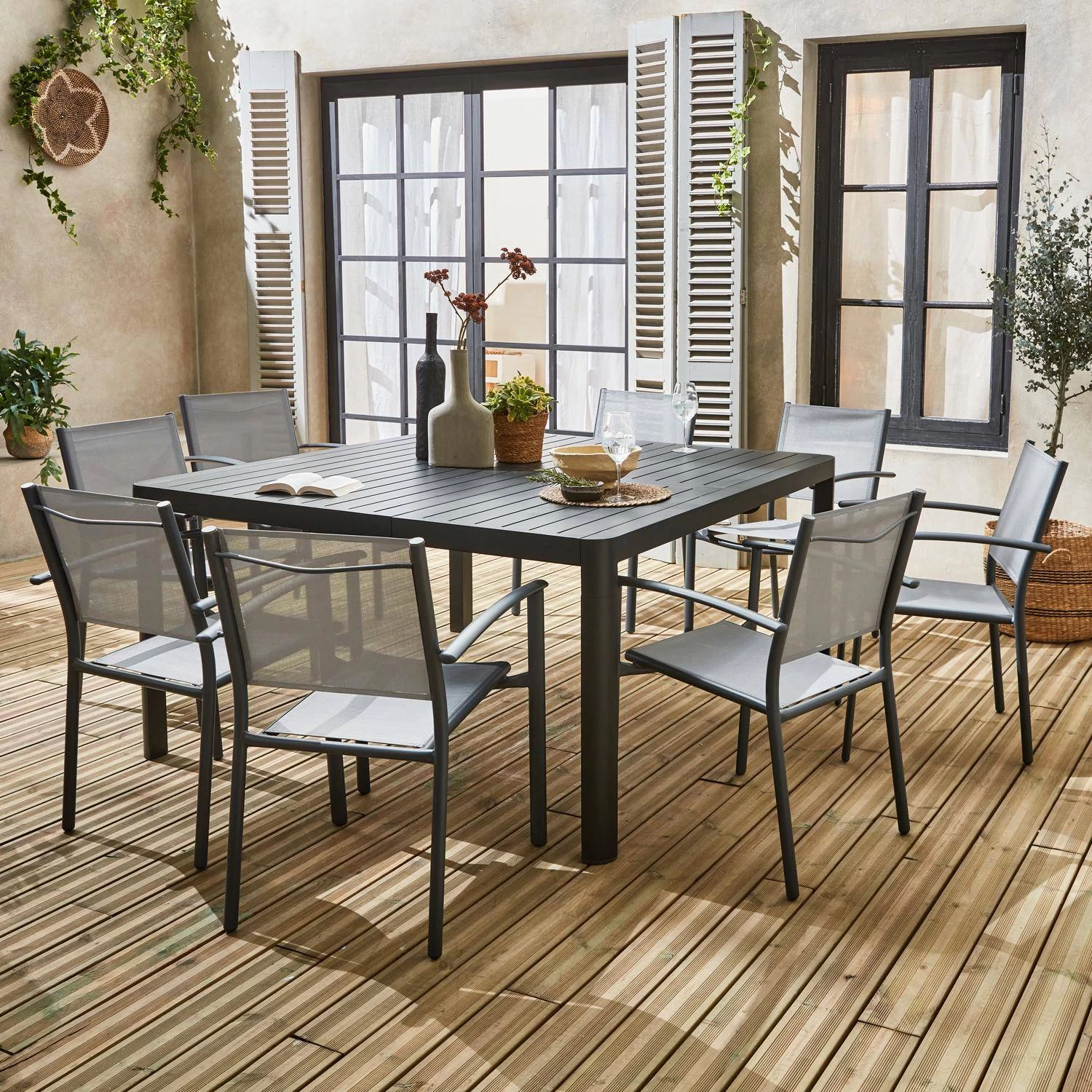 Table De Jardin Extensible Aluminium + 8 Fauteuils De Jardin Empilables Couleur : Anthracite / Gris Clair 3 Table De Jardin Extensible Aluminium + 8 Fauteuils De Jardin Empilables Couleur : Anthracite / Gris Clair – Image 3