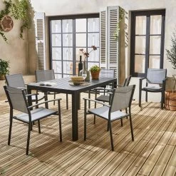 Table De Jardin Extensible Aluminium + 8 Fauteuils De Jardin Empilables Couleur : Anthracite / Gris Clair