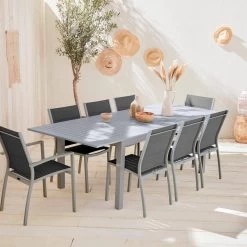 Table De Jardin Extensible Aluminium, 8 Chaises Couleur : Gris / Gris Foncé